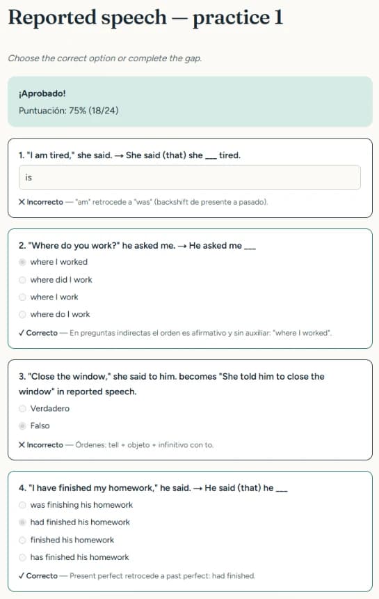 Ejercicio real de Pass & Improve ya corregido, con respuestas marcadas como correctas o incorrectas y su explicación.