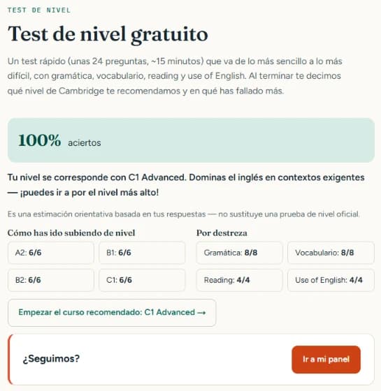 Resultado real del test de nivel: 100% de aciertos, C1 Advanced recomendado, con desglose por nivel MCER y por destreza.